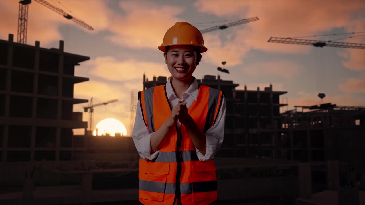 Asian Female Engineer With Safety Helmet Smiling And Clapping Her Hands While Standing At Construction Site in Progress to New House