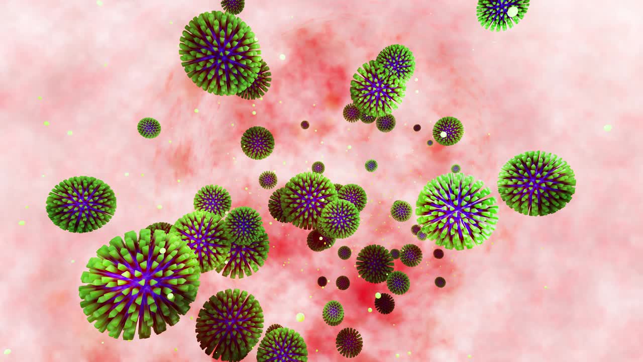 3d model of green coronovirus on the mucous membrane. 4k looped smooth animation virus floats in liquid. Scientific microbiological background, 3d render of virus. Blue green colors 6