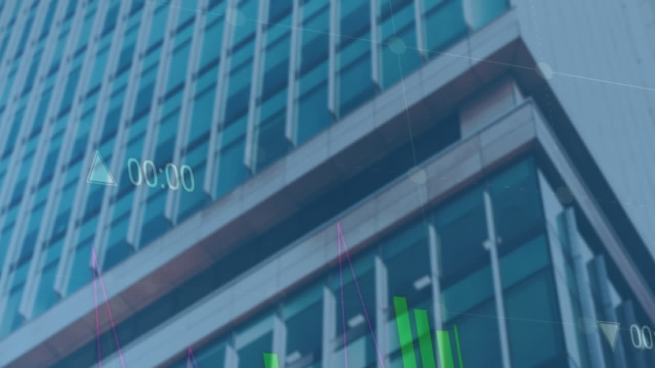 Animation of financial data processing over modern office building