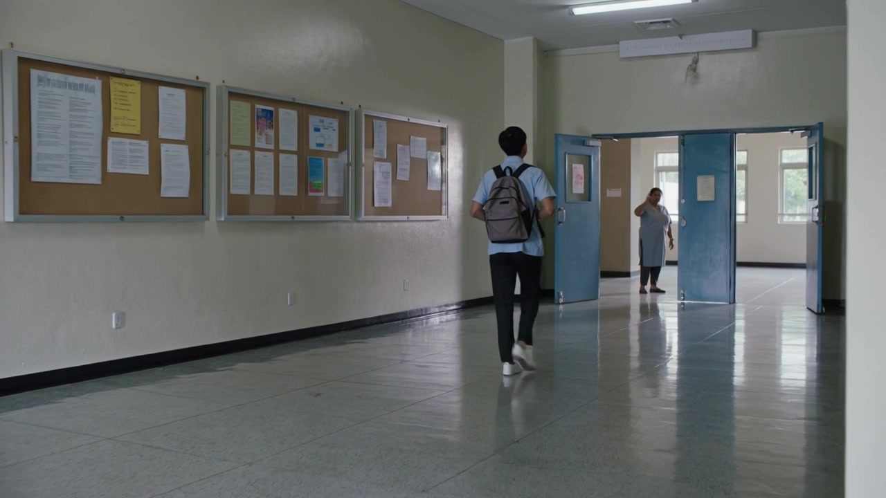 Studente maschio che cammina, con una camicia blu e uno zaino grigio, che entra nell'atrio della scuola verso doppie porte blu.