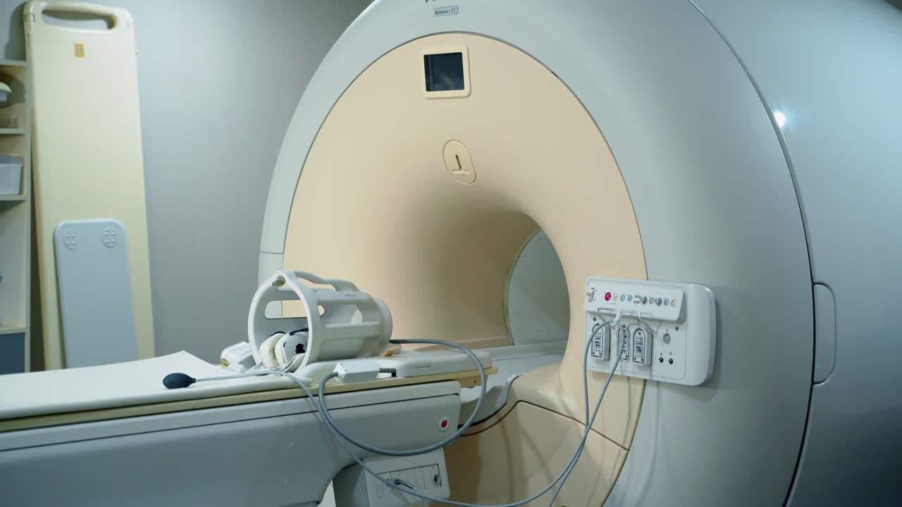MRI scanner. Computerized tomography machine in diagnostic clinic. Magnetic resonance imaging diagnostic machine isolated. Medical equipment in clinic without people. Health care concept.