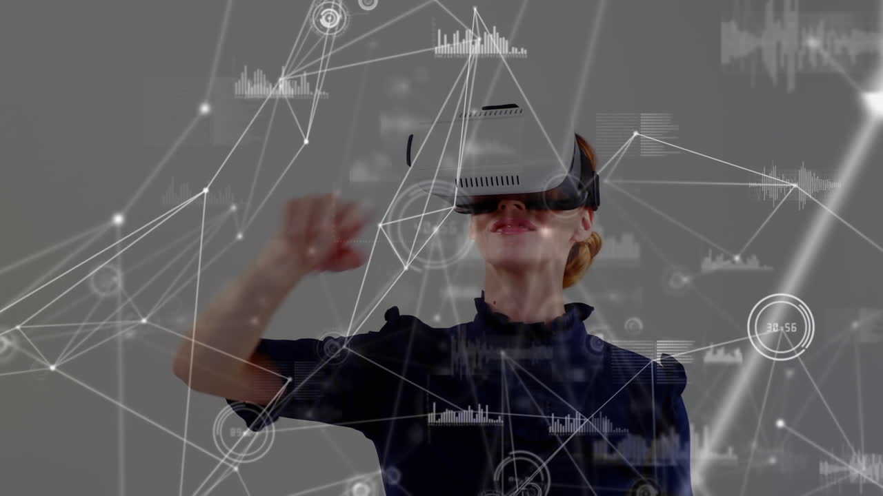 Animation of network of connections over businesswoman wearing vr headsets