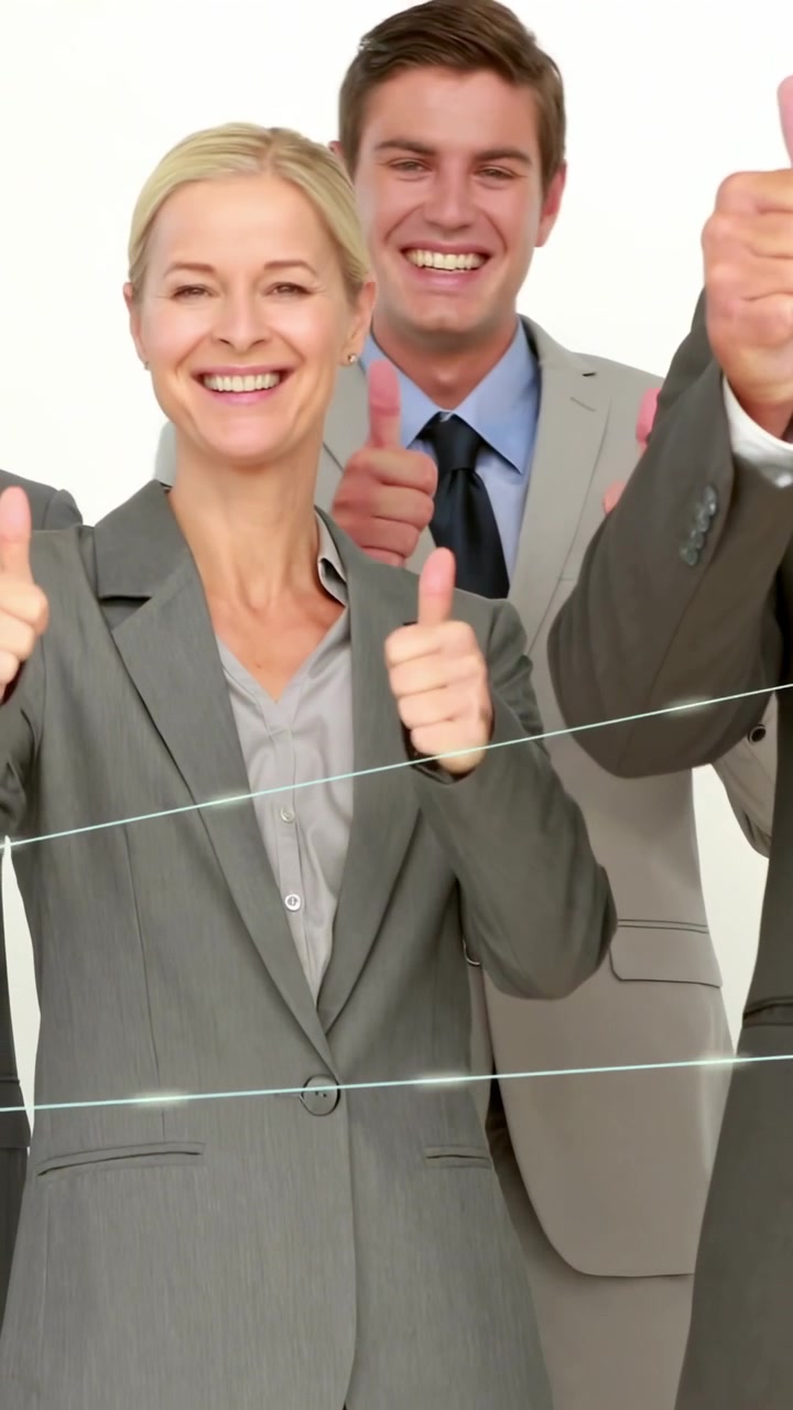 Vídeo vertical: Mulher fazendo sinal de positivo enquanto ícones e linhas animados constroem uma rede de negócios.