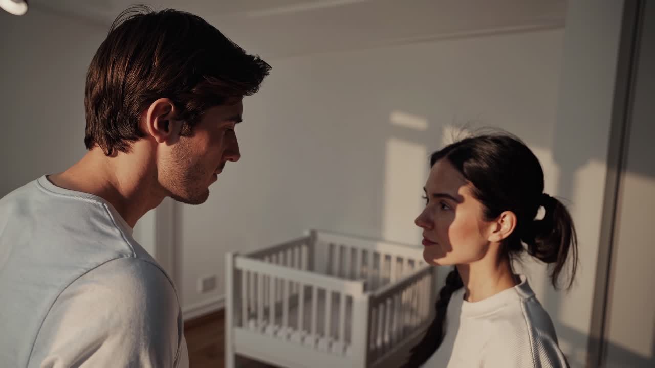 Exhausted parents struggling with relationship difficulties and sleep deprivation, standing in the nursery beside the crib, grappling with emotional stress after their baby's birth