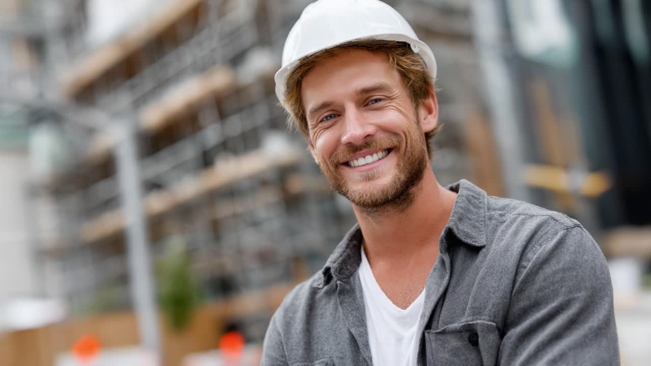 A Confident Construction Worker Smiling While Wearing a Safety Helmet on a Construction Site, Radiating Professionalism and Team Spirit Amidst Ongoing Building Progress