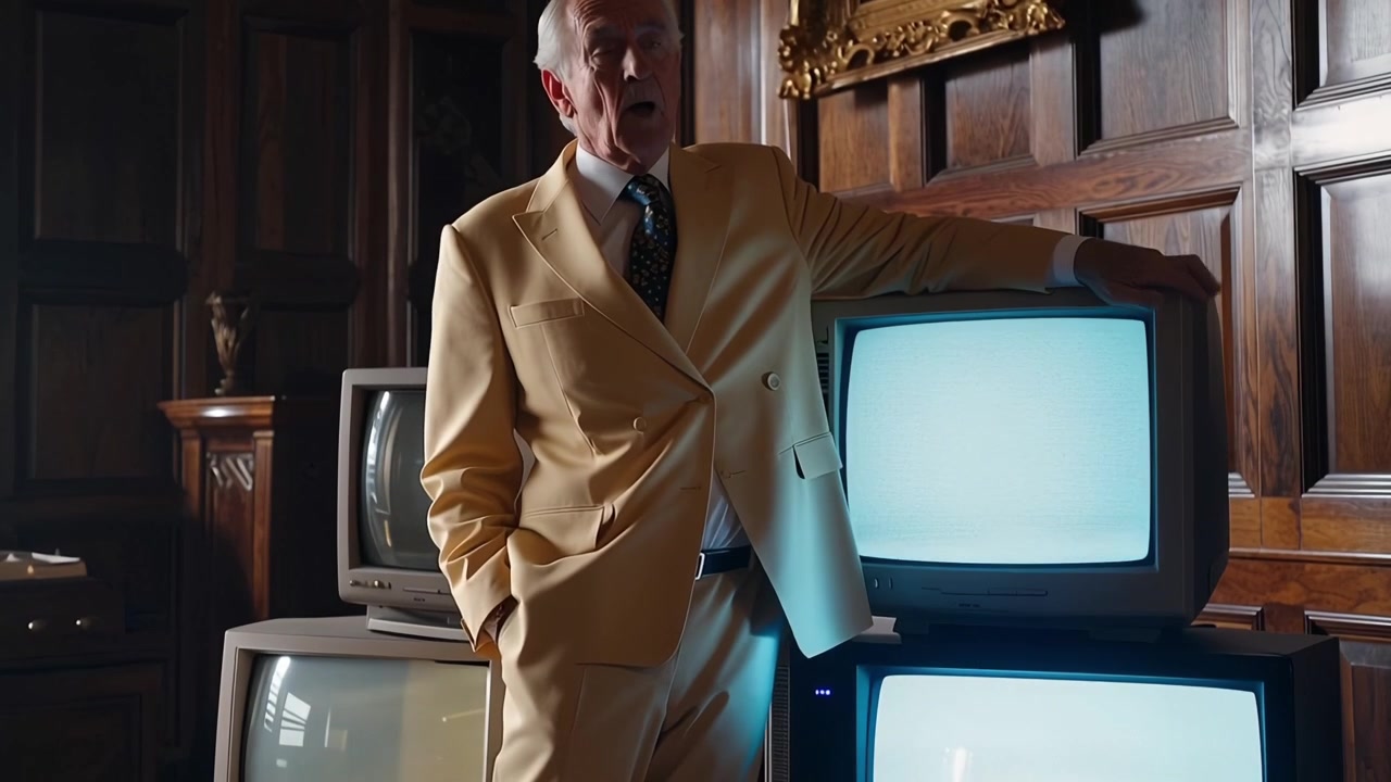 Elegant ældre mand i beige jakkesæt står ved vintage CRT-skærme
