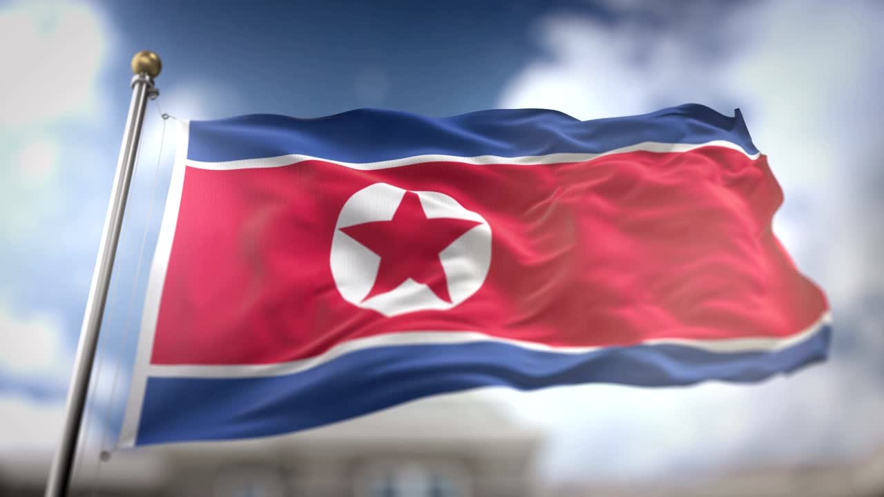 la bandera de corea del norte ondeando en cámara lenta 3d con fondo de cielo azul - bucle sin costuras 4k
