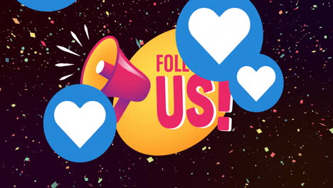 animation of follow us text and love icons over glowing lights over black background