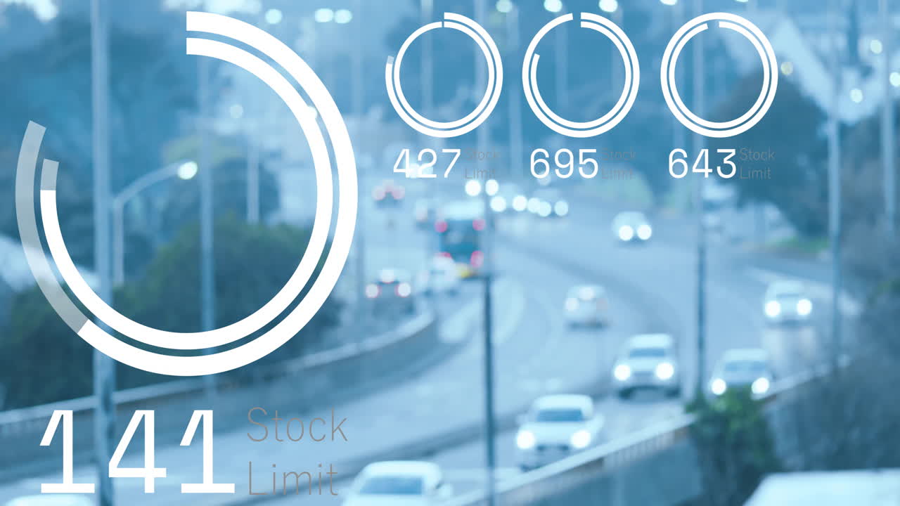 Traffic on busy highway with stock limit data animation overlay
