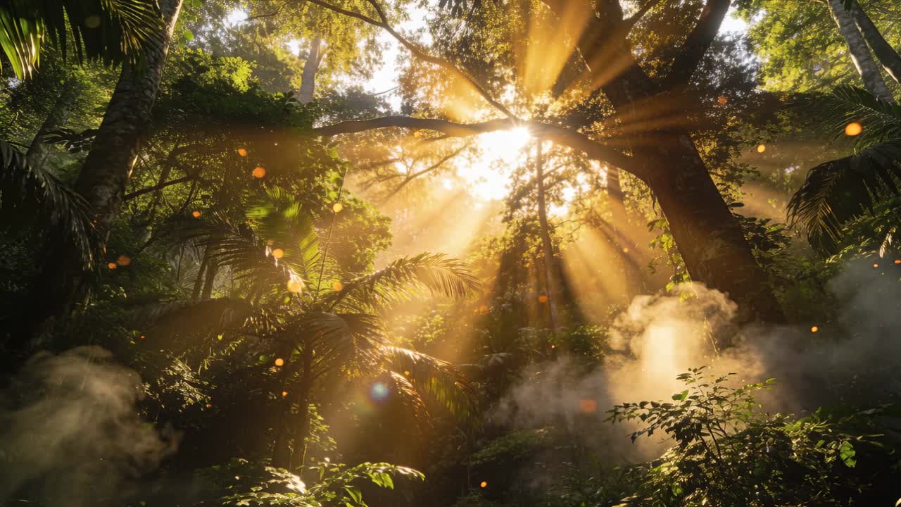 Rising sun piercing canopy and branch, casting beams across understory, lifting mist and particles