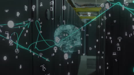 animación de procesamiento de datos ai y cerebro sobre servidores de computadora