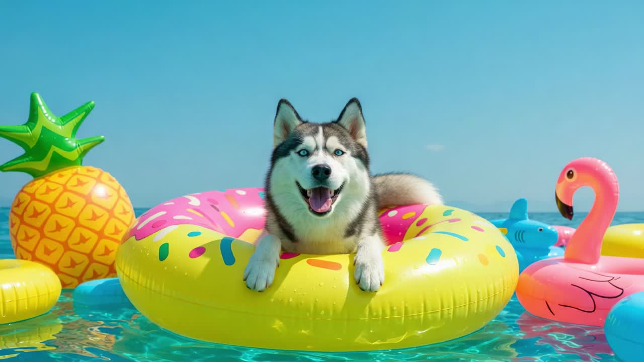 A Happy Husky Dog Relaxing on a Colorful Inflatable Pool Float Surrounded by Fun Summer Toys in a Bright Sunny Environment
