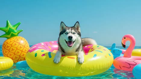 a happy husky dog relaxing on a colorful inflatable pool float surrounded by fun summer toys in a bright sunny environment