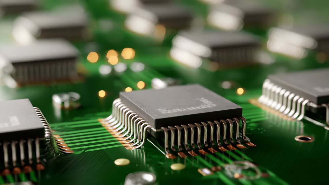 A Detailed Close-Up of Microchips on a Circuit Board, Demonstrating the Intricate Workings of Electronics with High Precision, Capturing the Beauty of Technology in Modern Computing Designs