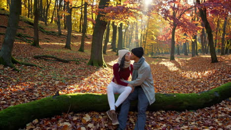 romantic couple kissing in a vibrant autumn forest