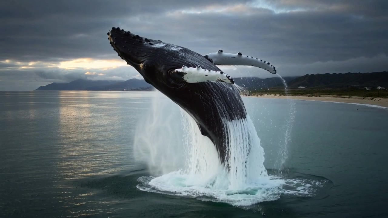 Balena megattera che salta fuori dall'acqua, si lancia e ruota vicino alla spiaggia, mostrando le pinne pettorali bianche e uno spruzzo