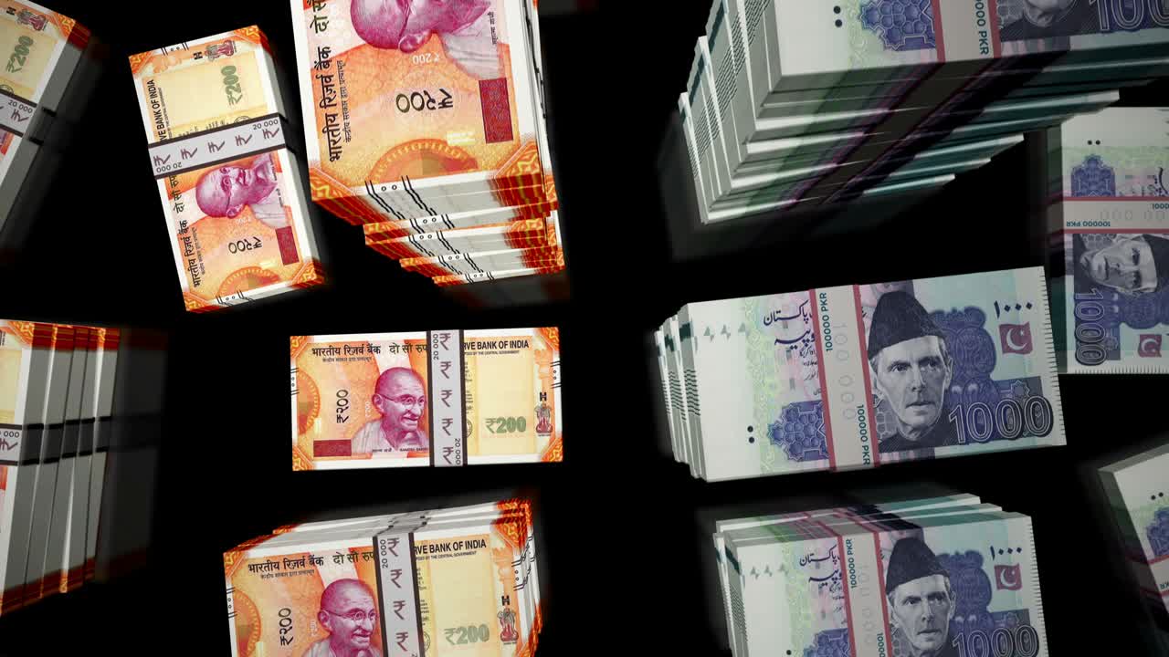 인도와 파키스탄을 가로지르는 비행 루피 돈 지폐  루프 애니메이션