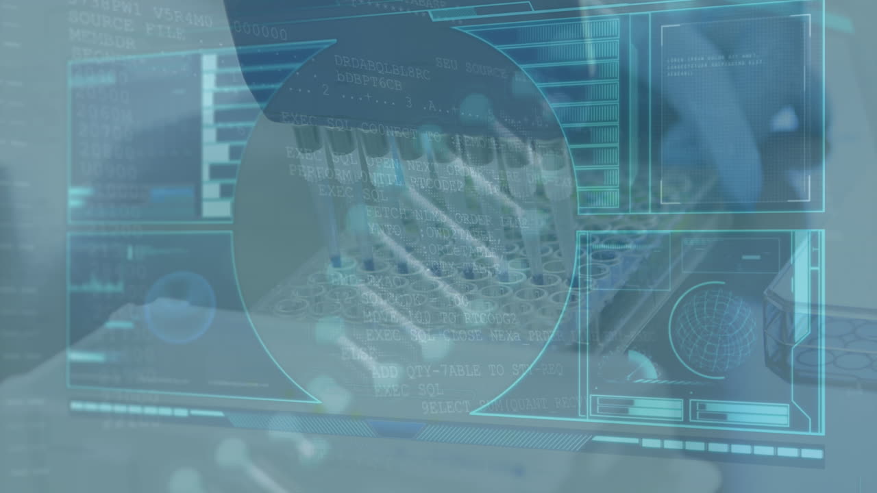 animación de la cadena de adn giratoria y procesamiento de datos en la interfaz digital