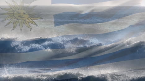 animation of flag of uruguay blowing over waves in sea