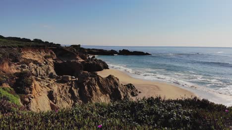 Fly-over-green-vegetation-and-beach-near-coastal-California-cliffs