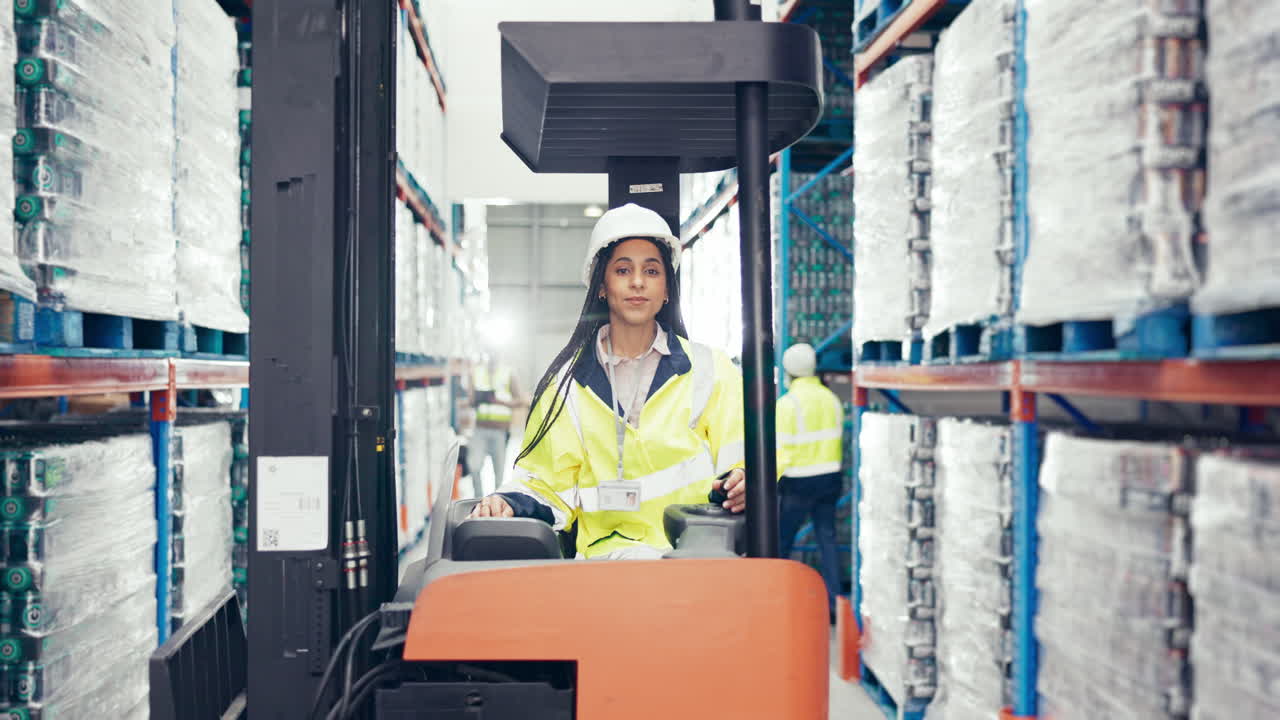 Logistics, forklift and face with woman