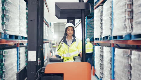 logistics, forklift and face with woman