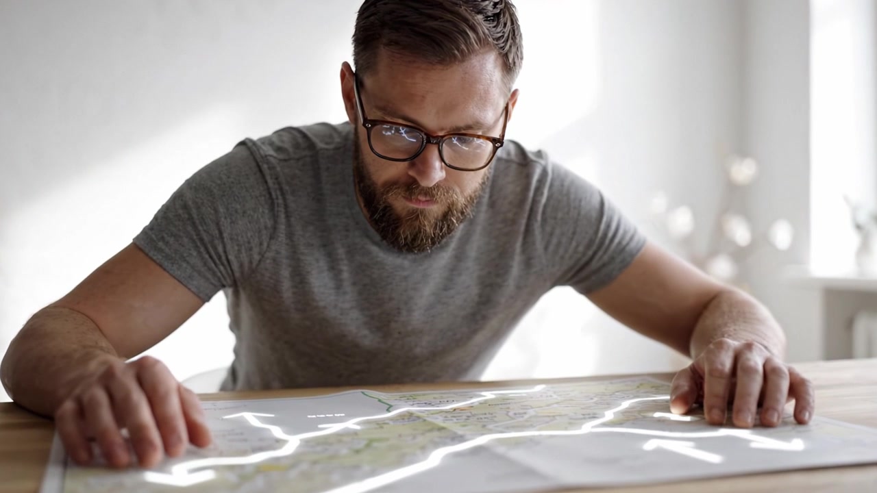 A focused man examines a detailed map, analyzing routes and locations with intent, in a well-lit room that enhances the exploration experience.