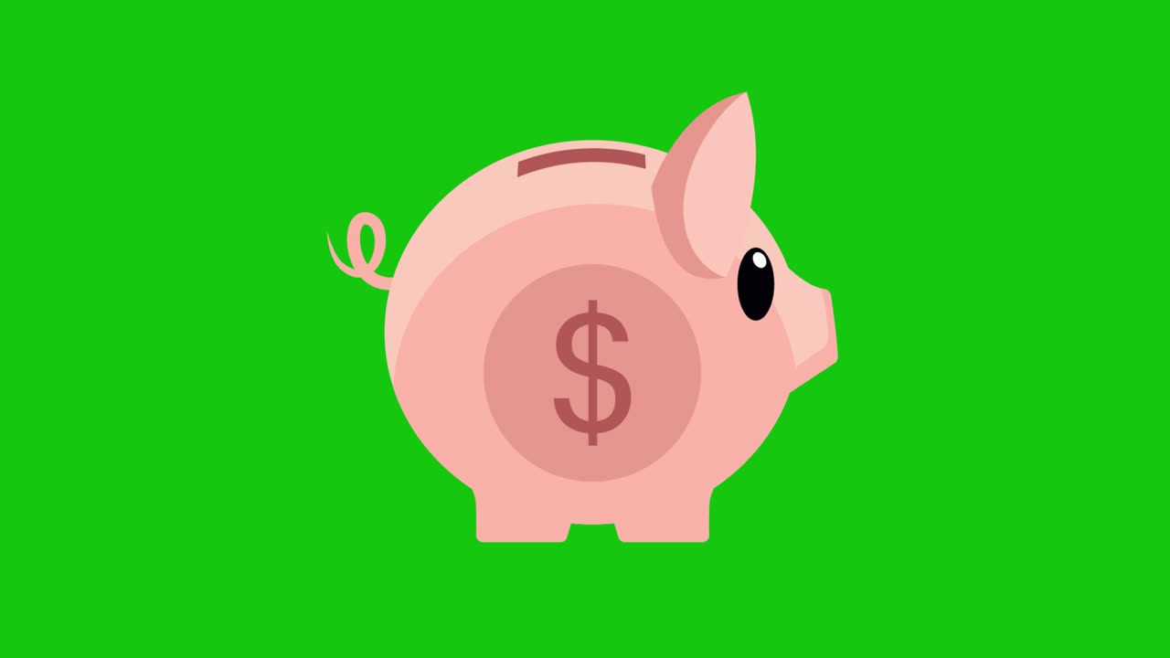 Cartoon animation of Piggy bank for money. Cute pink piggy bank rotating against turquoise background. Saving money icon. Concept investment for the future and financial growth. Alpha Channel. 4K