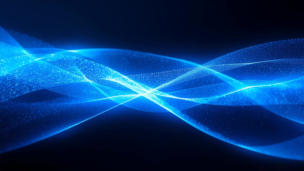 Frames starting showing blue ribbons waving across black void, particles pulsing, creating flow