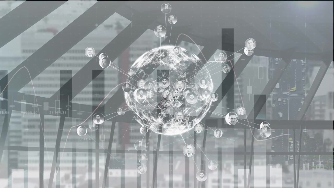 Animation of financial data and graphs over globe with connections