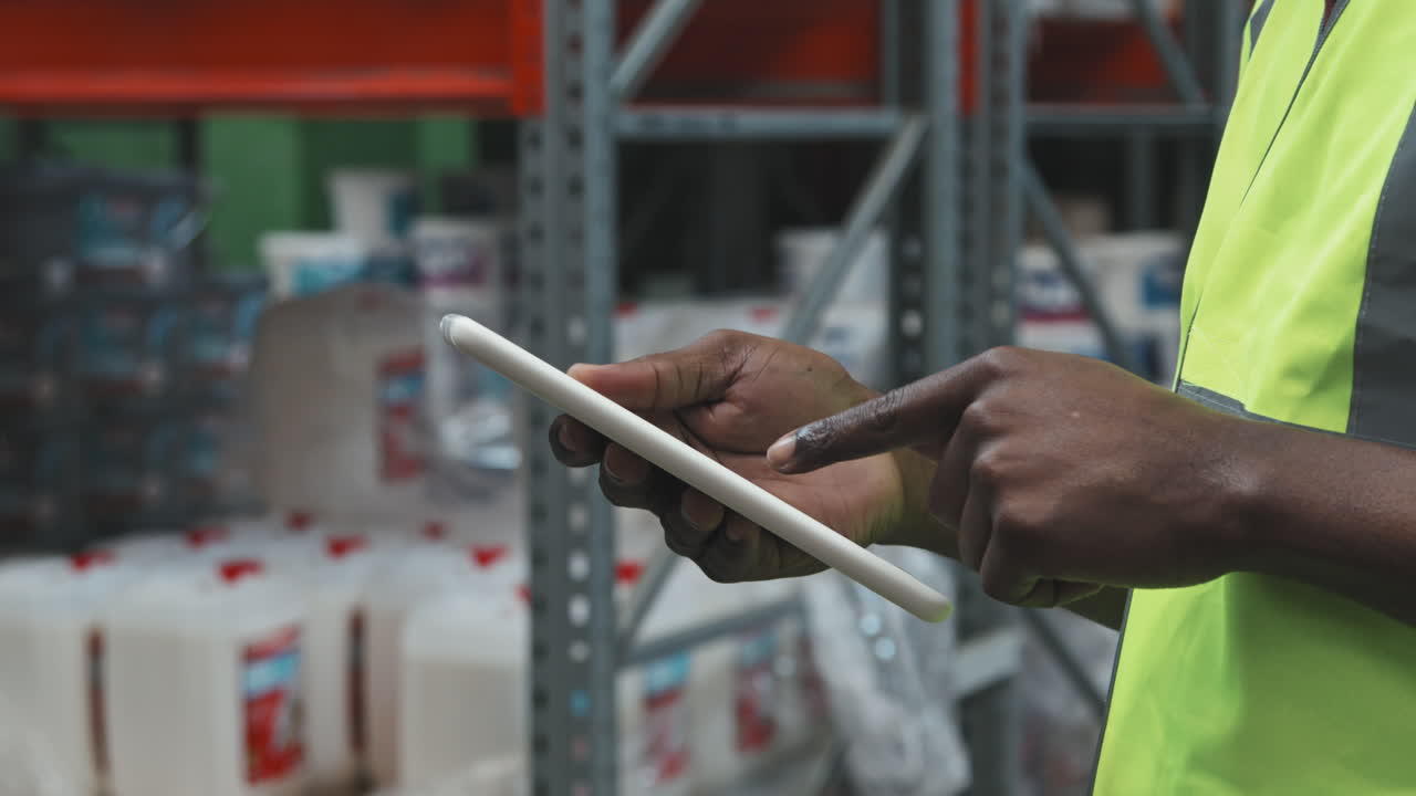 Hands of African-American Warehouse Worker Using Tablet