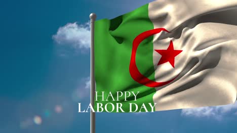 Animation-Des-Textes-„Happy-Labor-Day“-über-Der-Flagge-Algeriens-Und-Wolken