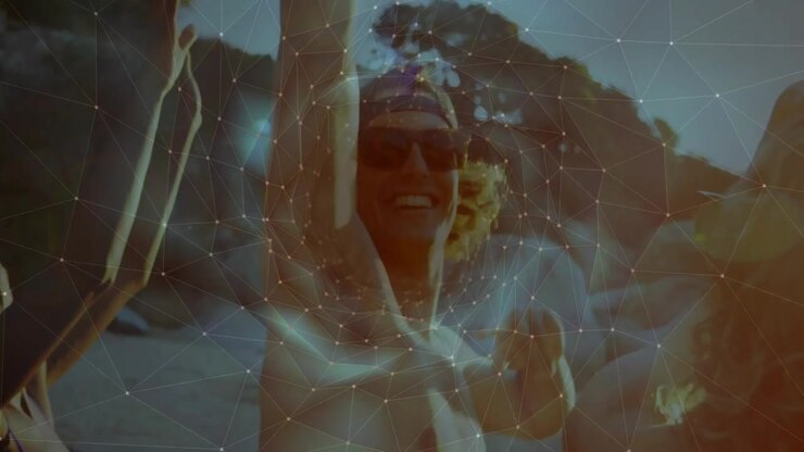 Friends riding convertible, driver leaning out with sunglasses overlaying technology network nodes