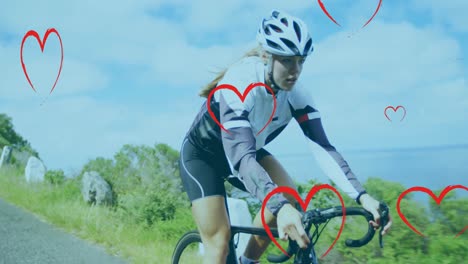animación de corazones caídos sobre mujeres ciclistas