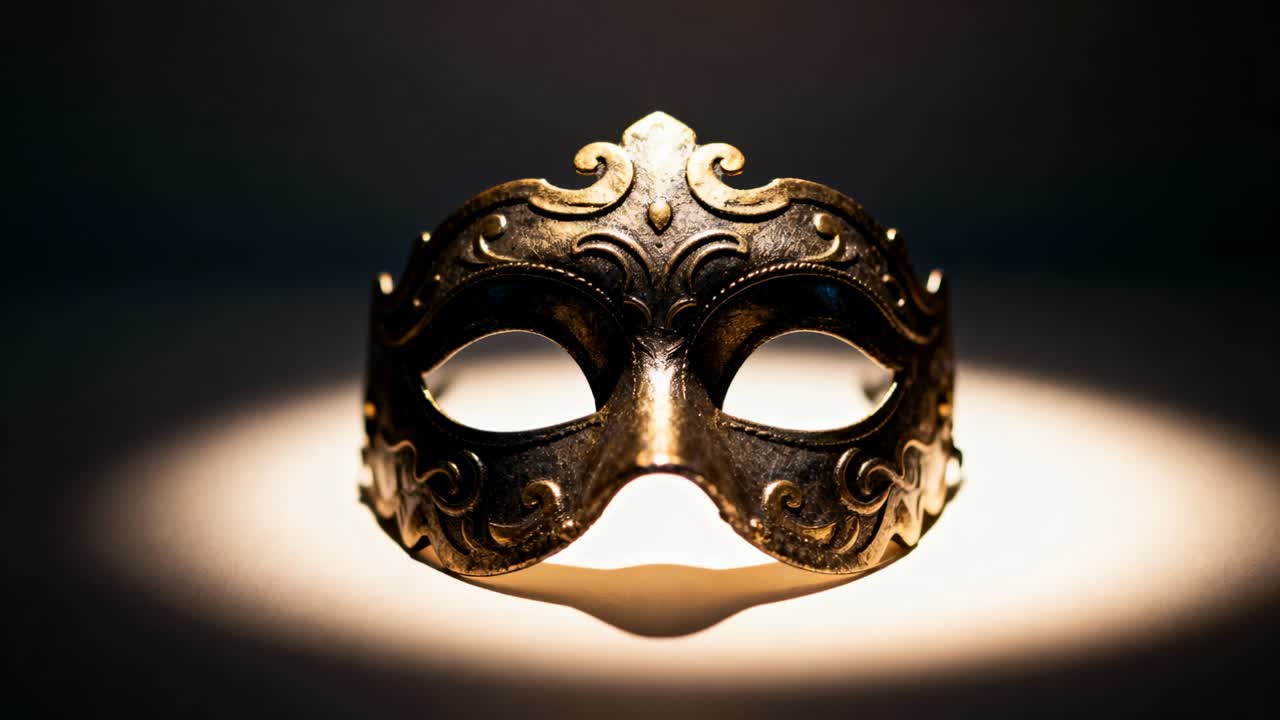 Faro che si accende rivelando una maschera veneziana in bronzo ornata su un piedistallo in studio, per un effetto drammatico