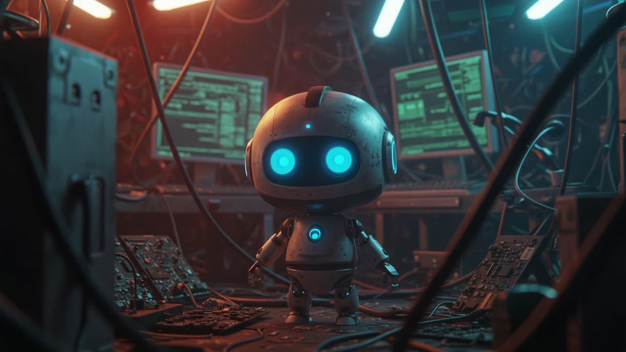 A Cute and Futuristic Robot Stands Amidst Disarrayed Circuitry and Flickering Screens in a High-Tech Laboratory Environment
