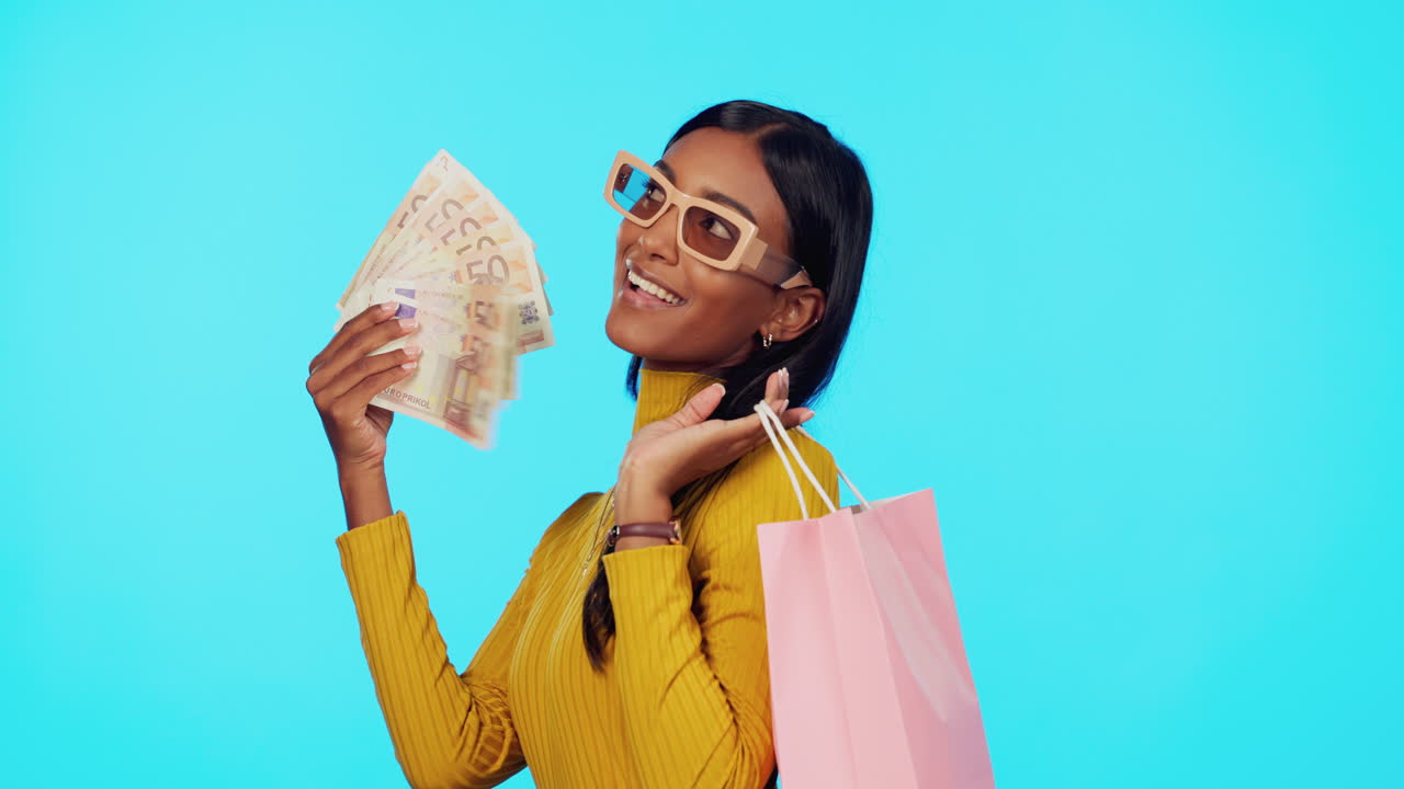 Sales, money and woman with bags