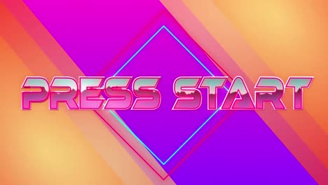 Animation-of-press-start-in-pink-metallic,-over-neon-lines-on-orange-and-purple