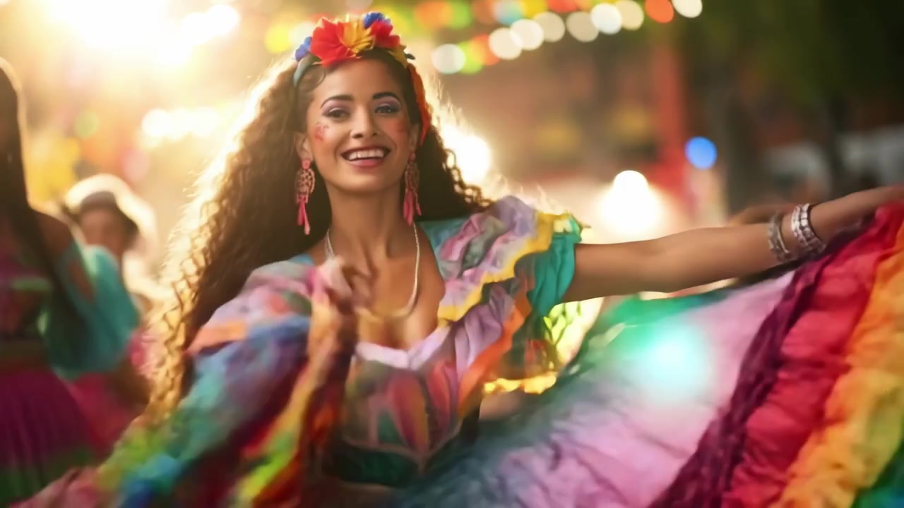 Mujer joven feliz con vestido colorido bailando en una celebración al aire libre