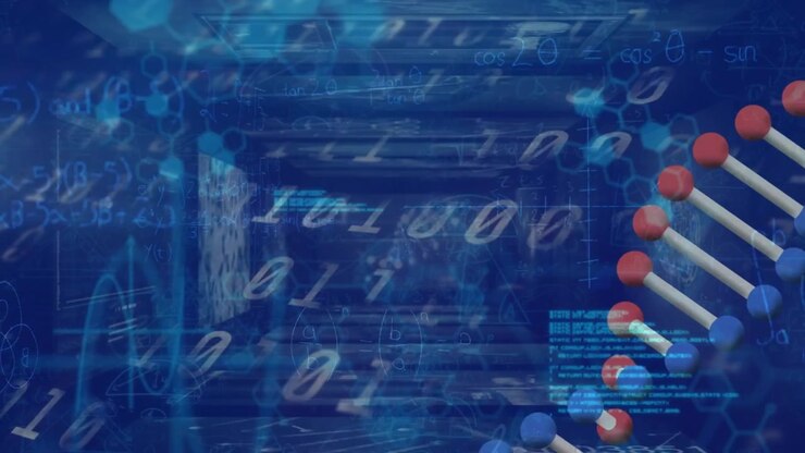 Animation of dna over navy background with diverse data and binary code