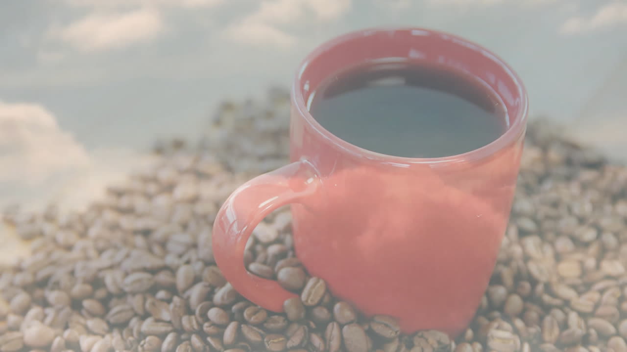 3D-rendered red ceramic coffee mug being shown in scene with scattered beans and glossy highlights
