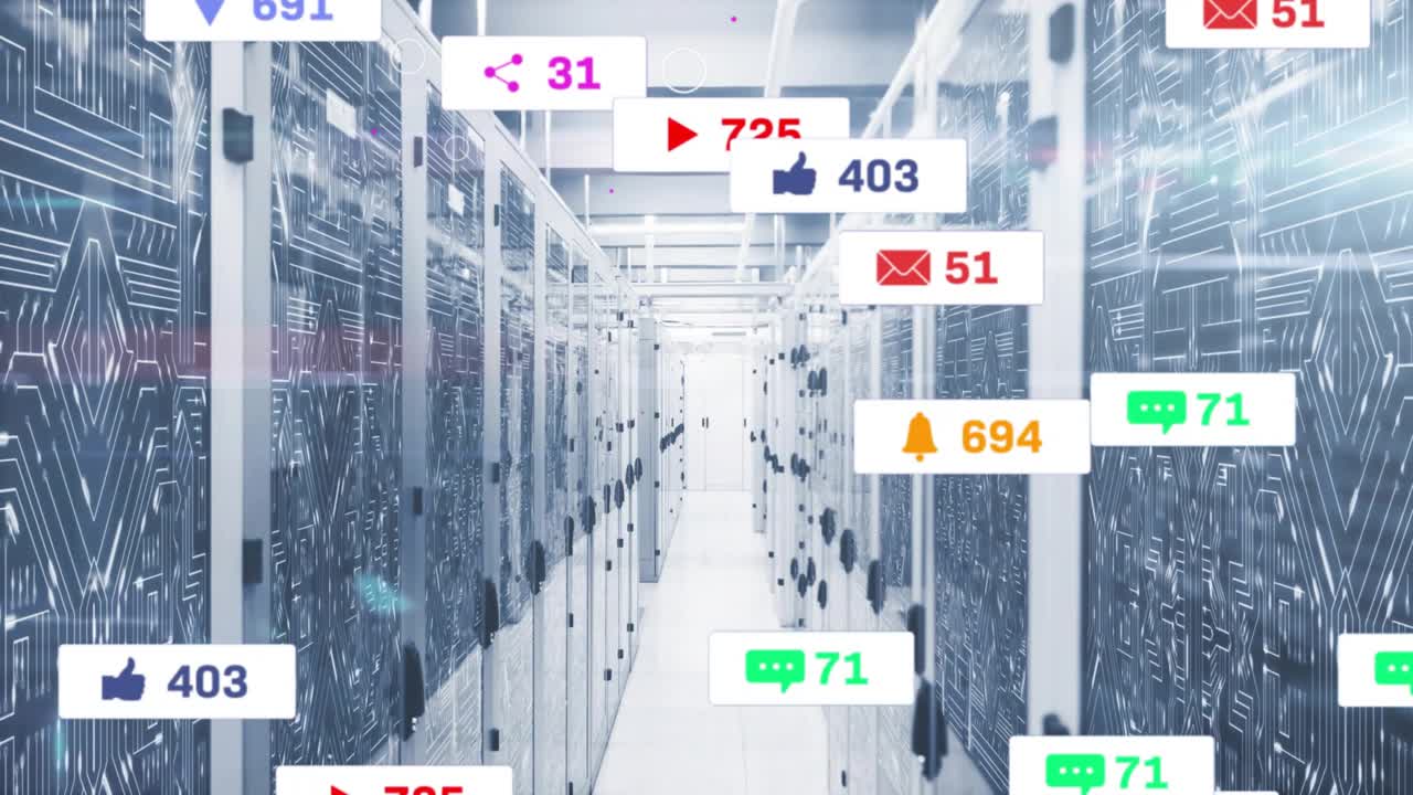 Notification icons appearing at floor, floating through server aisle while streaming social metrics