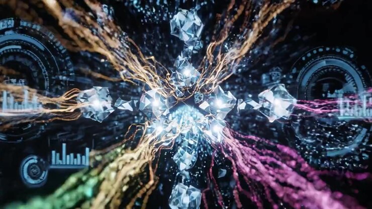 Visualizzazione dinamica di flussi di dati con colori vivaci e flusso binario che rappresenta il trasferimento di informazioni attraverso un tunnel digitale.