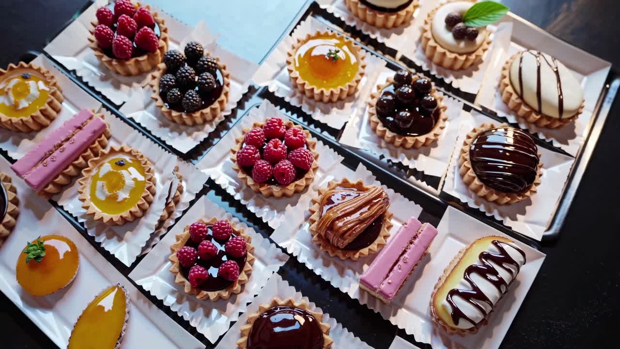 Top-down video shot of assorted colorful pastries on square plates, showcasing intricate designs