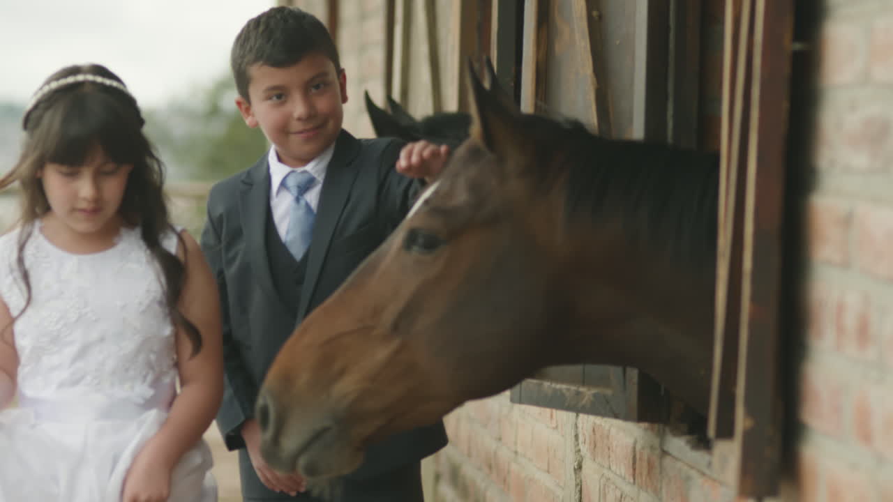 A tender clip of two pageboys, a boy in a suit and a girl in a white dress, walking through a stable. Two horses watch them from the windows, and the children approach curiously and try to pet one.
