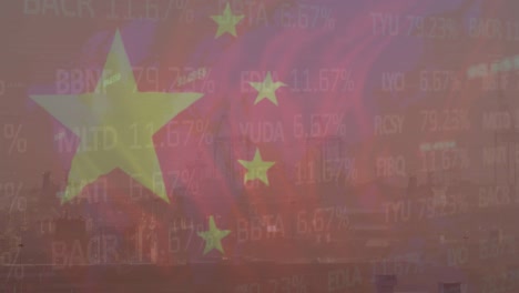 animation of flag of china and data processing over cityscape