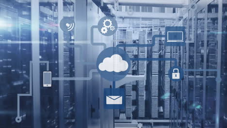 Animation-of-cloud-icon-with-network-of-connections-and-data-processing-over-computer-servers