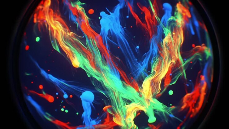 Una vivida esplorazione delle dinamiche dei fluidi colorati: motivi ipnotici emergono in uno sfondo scuro con tonalità neon catturate attraverso un movimento artistico