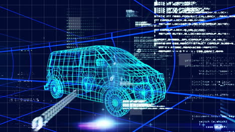 animación de un modelo de coche 3d que atraviesa un túnel con datos e información