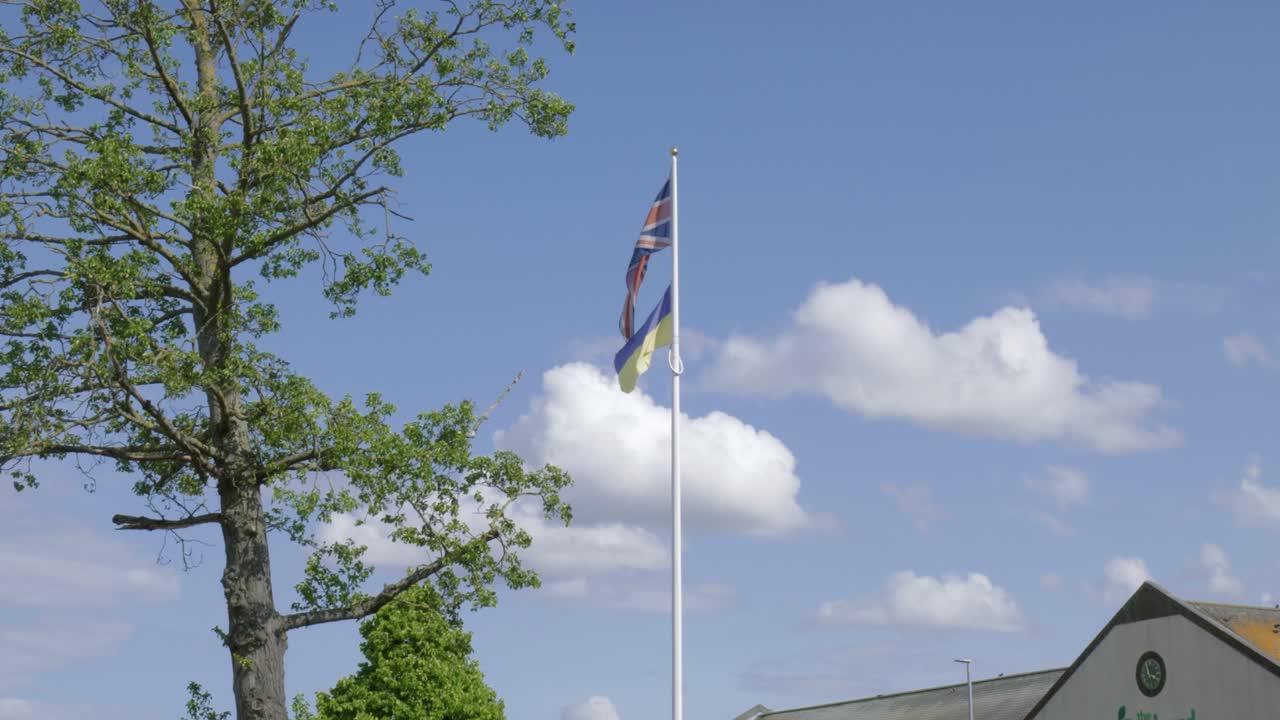 Two flags flutter under blue sky beside a leafy tree in Hessle town center